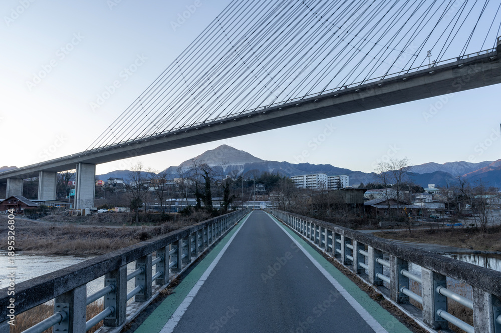 Fototapeta premium 秩父市武之鼻橋から仰ぎ見る秩父公園橋と武甲山の朝景