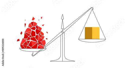 Conceptual Imbalance on Scale: Heavy Pile of Broken Red Geometric Shapes Outweighs a Single Solid Cube. Chaos, Stress, and Emotional Burden Metaphor.