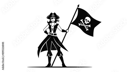 Female pirate in a black outfit and hat stands proudly while holding a large black flag featuring a classic skull and crossbones emblem.