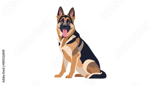 Loyal German Shepherd dog sits patiently with its tongue out in a detailed vector illustration that captures the breed's noble features.