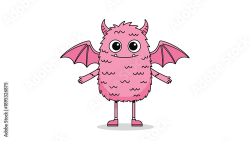 Cute pink fuzzy monster with small horns and bat wings stands with arms outstretched in a friendly and playful character illustration.