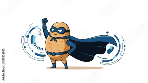 Humorous potato superhero character wearing a blue mask and a flowing cape strikes a powerful pose against a futuristic digital backdrop.