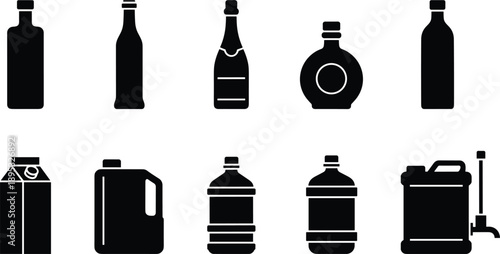 Beverage container silhouette vector icons set including bottles cartons and jerrycans packaging drinks isolated on white