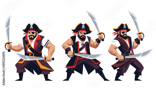 Group of three rugged male pirates brandish their cutlasses in various combat stances while wearing traditional tricorn hats and vests.