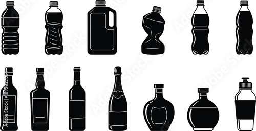 Plastic and glass bottle silhouette vector icon set for beverages packaging containers isolated on white background collection design