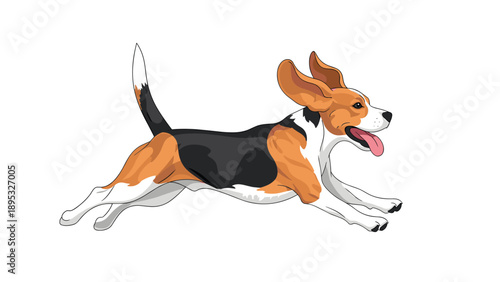 Energetic beagle dog is illustrated running at high speed with its long ears flying back and its tongue out in a joyful expression of motion.