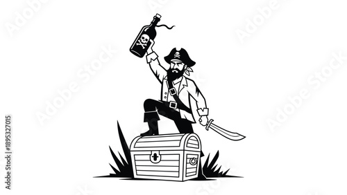 Fearless pirate character stands triumphantly on a large wooden treasure chest while holding a bottle of rum and a sword in a bold stance.