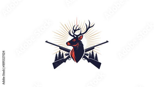 Outdoor hunting emblem featuring a majestic deer head with large antlers centered between two crossed rifles and stylized green pine trees.