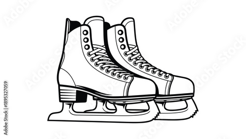 Classic pair of white figure ice skates with sharp steel blades is shown in a clean and detailed black and white vector illustration style.