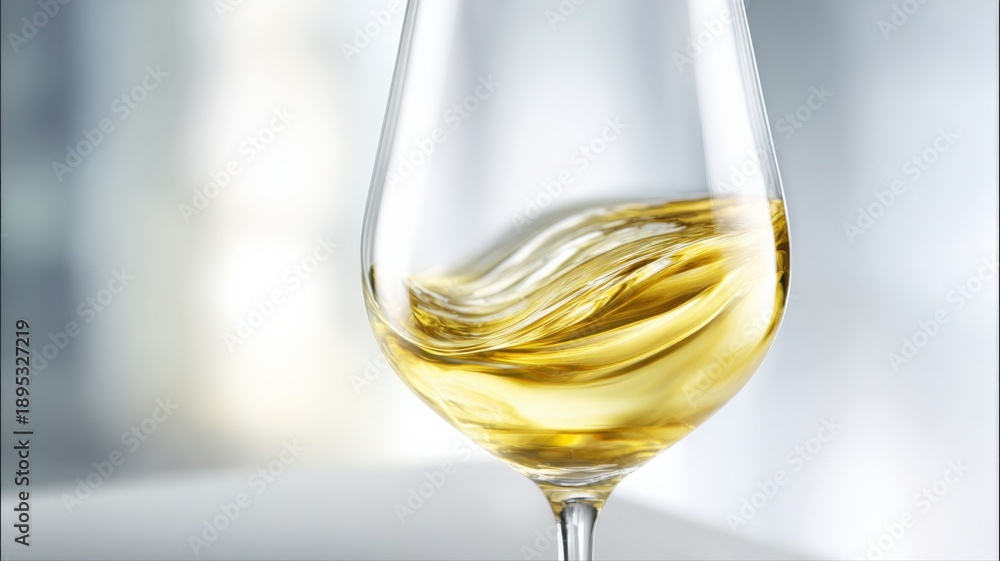 Fototapeta premium Elegant Swirl: Close-Up of White Wine in a Glass, Showcasing Clarity and Sophistication