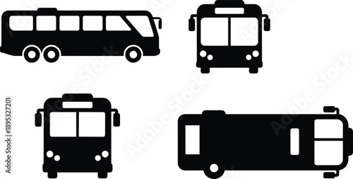 Bus silhouette icon collection, black vector illustration, city and articulated bus designs, transportation theme, front and side views, isolated on white background