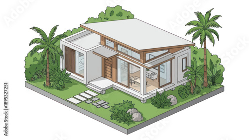 Modern tropical house with lush landscaping and palm trees on a sunny estate.