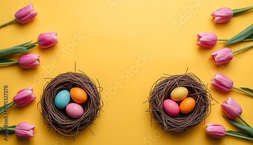 Happy easter eggs in bird nests with tulips on yellow background