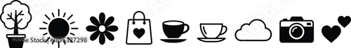 Assortment of Black and White Icons Including Tree, Sun, Flower, Bag, Cups, Cloud, Camera, Hearts symbol