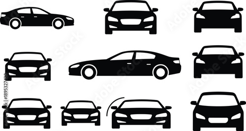Car silhouette puzzle grid, front and side views, visual recognition challenge, black vector illustration, vehicle comparison design, isolated on white background