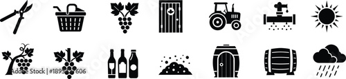 A comprehensive collection of icons representing the complete journey of wine production and vineyard management