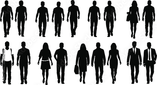 Casual and formal attire silhouette icons, diverse male and female figures, black vector illustration, fashion and social roles theme, isolated on white background