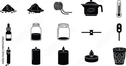 Black and white icons representing tools and supplies for candle making craft