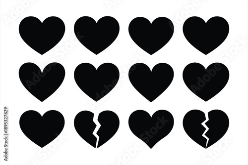 Heart shape set for romantic design and love symbols with whole and broken icons in black silhouette