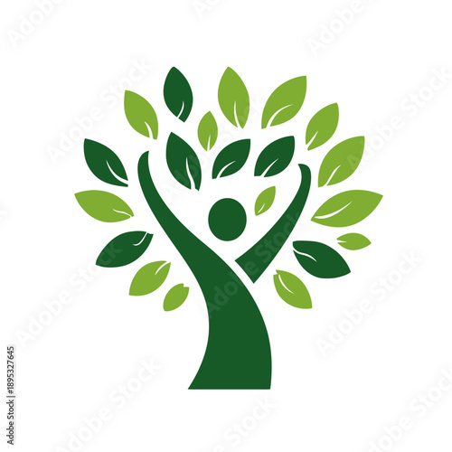Abstract Green Tree Logo with Human Figure Representing Nature, Environment, Wellness, Growth, and Community