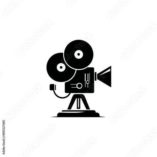 Retro cinema film camera icon on tripod. Vintage movie production equipment symbol for filmmaking and video.