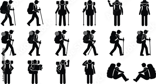 Hiking and backpacking silhouette icon set, outdoor activity poses, black vector illustrations, trekking and adventure theme, isolated on white background
