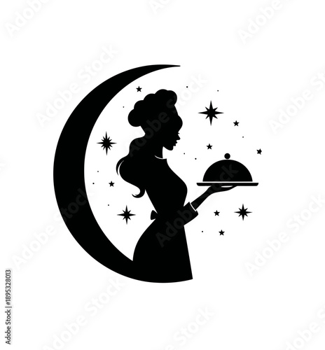 Elegant silhouette of a professional woman serving a dish with a cloche tray, crescent moon, and stars. Night hospitality concept.