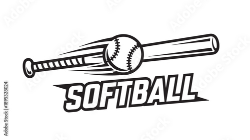 High quality vector illustration of a softball bat and ball in dynamic motion, perfect for sports logos, apparel designs, and promotional materials with a clean, professional look.