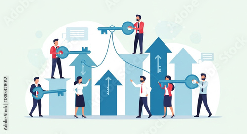 Business people holding keys and climbing up arrows representing growth.