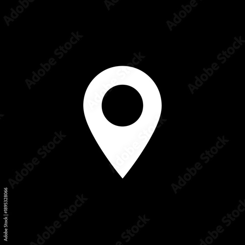 White location pin icon on a solid black background, minimalist graphic representing GPS navigation, map marker, or specific point of interest.