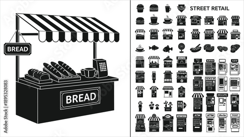 Kiosk Food Stall Terminal Vending Machine Icons Set..eps
