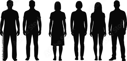 Standing human silhouette icon set, diverse male and female figures, black vector illustration, clothing and hairstyle variety, isolated on white background