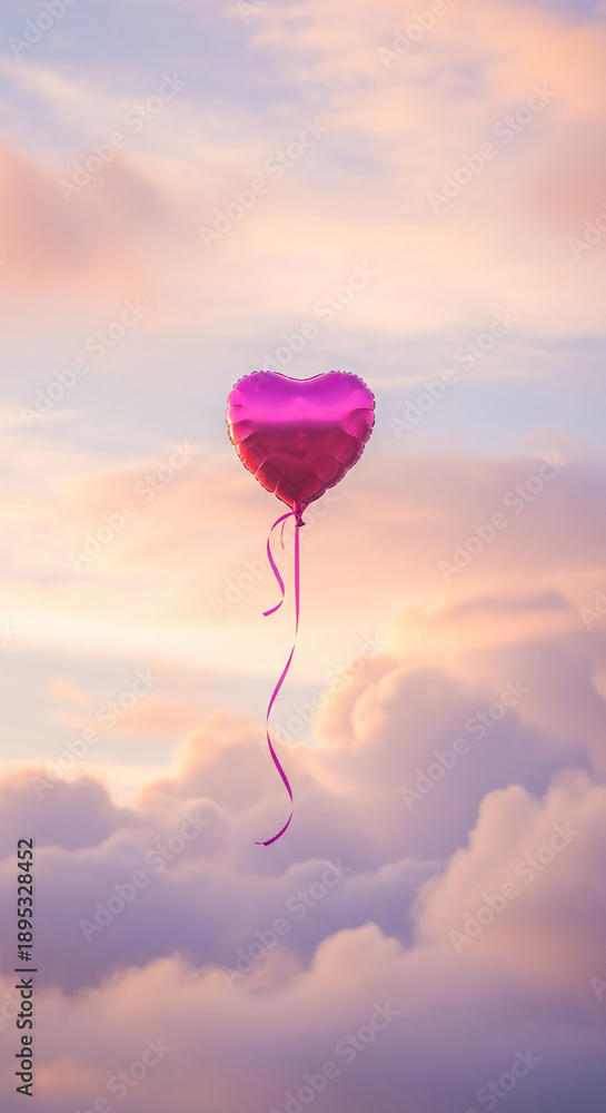 Fototapeta premium Shiny purple heart balloon with ribbon floats against soft clouds at dawn, representing love, joy, hope, and Valentine's Day celebration