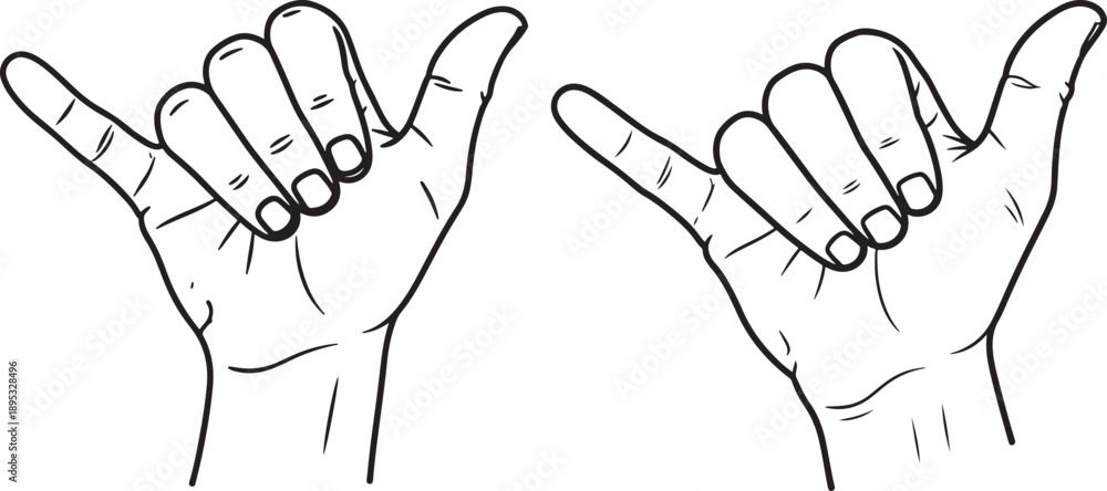 Fototapeta premium Shaka hand gesture illustration in black and white outline, symbolizing surfing, aloha spirit, and a laid-back, cool vibe.