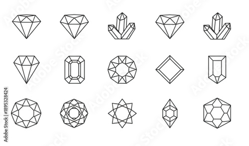 Minimal Gemstone Diamond Outline Vector Icon Set