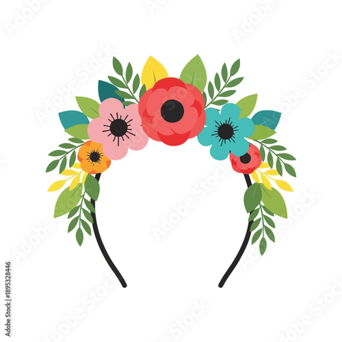 Floral headband vector clipart with colorful flowers and leaves, spring boho wreath illustration