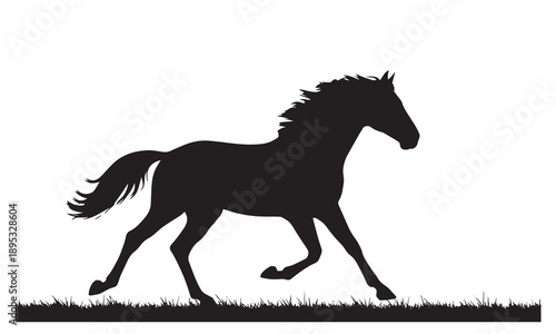 Energetic black horse silhouette running freely on a vibrant green grassy plain under a clear sky.