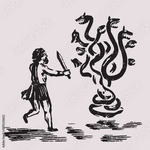 Illustration of Heracles Fighting the Regenerating Hydra in Greek Mythology