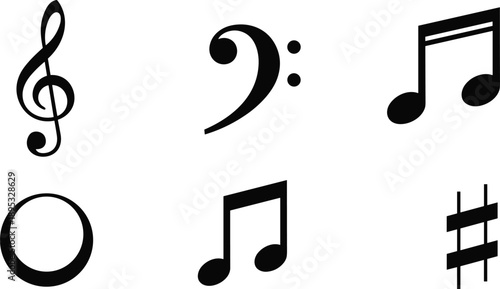 Musical notation symbols, treble clef, bass clef, eighth notes, whole note, sharp sign, vector icons, music theory, black clipart, minimal design