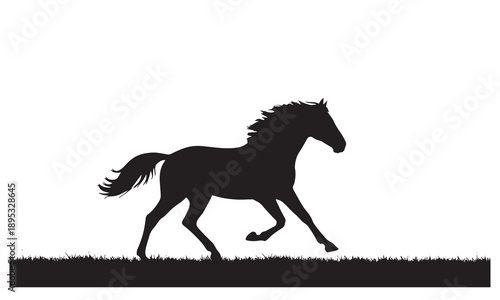 Dynamic black silhouette of a powerful horse trotting with spirit across a natural grassy landscape.