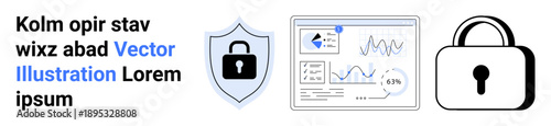 Cybersecurity, online privacy, data protection, security monitoring, encryption, analytics. Shield with a lock, analytics dashboard and lock icon. Cybersecurity and online privacy visualization