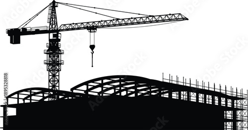 Silhouette of construction site with crane and building framework on white background vector illustration