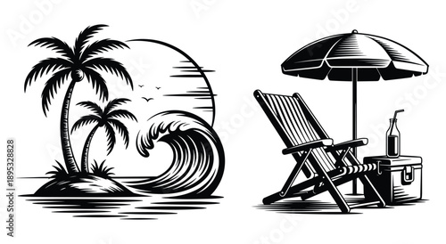 Black and White Tropical Beach Vacation Vector, Palm Trees Ocean Wave Sunset, Lounge Chair with Umbrella, Summer Beach Scene Vector, Palm Trees Surf Wave Sunset, Relaxing Lounge Chair