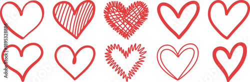 Red heart illustration set, abstract love symbols, textured vector shapes, striped and outlined designs, emotional graphic elements, isolated on white background