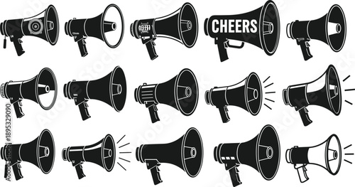 Assortment of Black Megaphone Silhouettes with Sound Waves and Text bullhorn loudspeaker