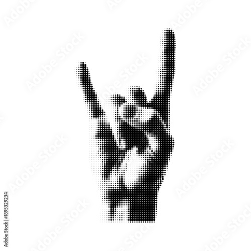 Halftone black hand making rock sign with index and pinky finger raised on transparent background digital art design in monochrome style