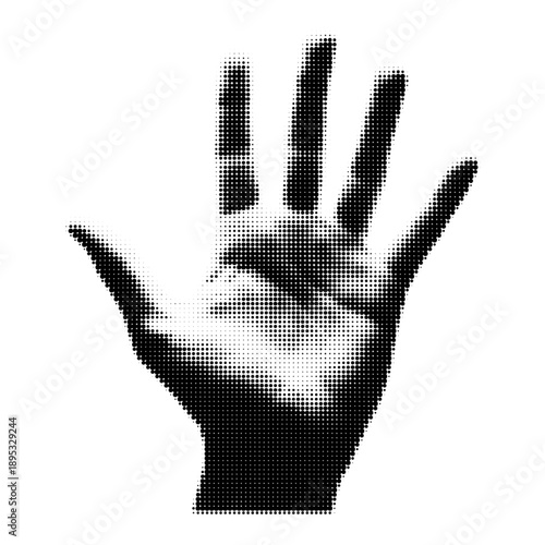 Halftone dotted monochrome human hand silhouette with open palm fingers spread isolated on transparent background black and white digital art