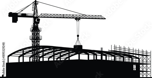 Silhouette of construction site with crane and building framework on white background vector illustration