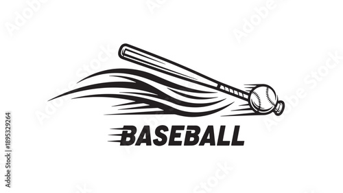 Dynamic black and white illustration of a baseball bat hitting a ball, conveying energy and motion.
