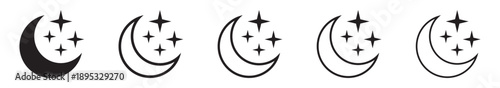 Half Moon and Star Icons for Night, Sleep and Bedtime Design. Solid and Line Icons.